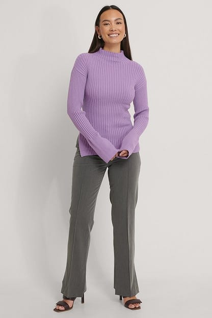 Lilac Side Slit Ribbed Knitted Sweater