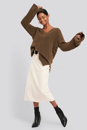 Alpaca Knitted V-Neck Sweater Outfit.