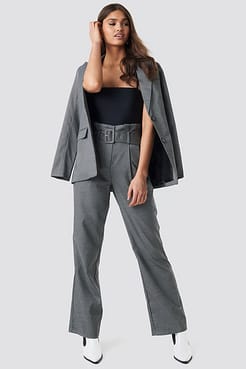 Small Check Paperbag Suit Pants Outfit.