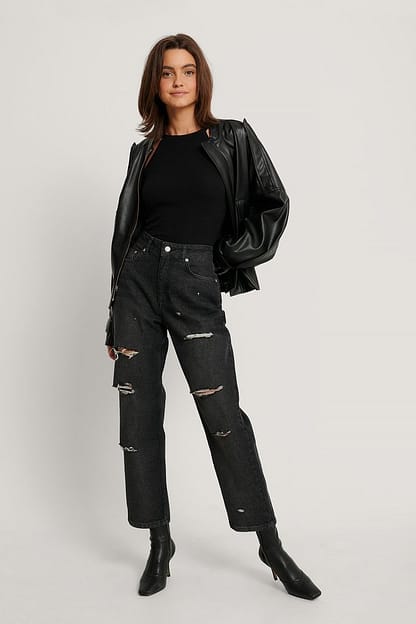 Black Destroyed High Waist Cropped Jeans