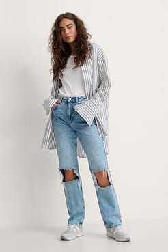High Waist Straight Destroyed Knee Jeans Outfit