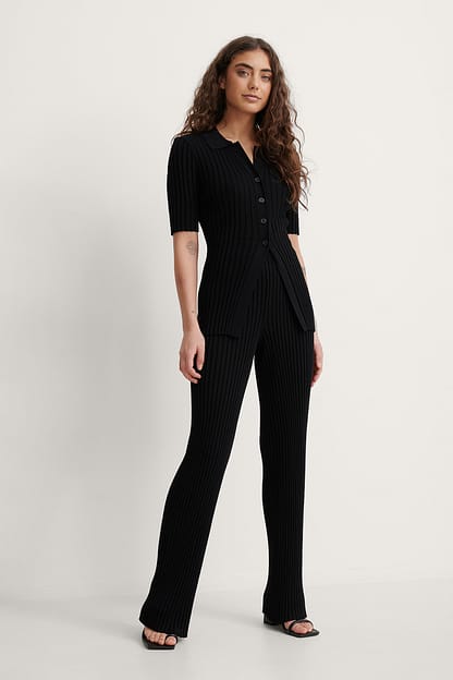 Black Ribbed Knitted Button Top