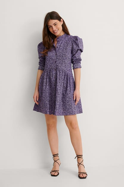 Purple Flower Puff Shoulder LS Buttoned Dress