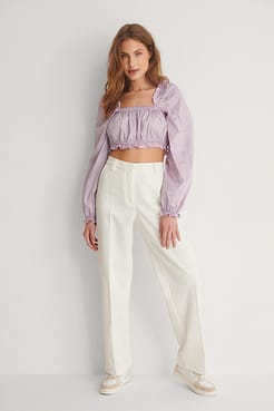 Long Sleeve Shirred Crop Top Outfit.