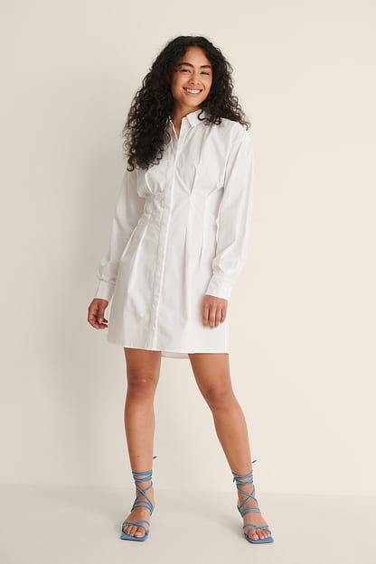 White Organic Gathered Shirt Mini Dress