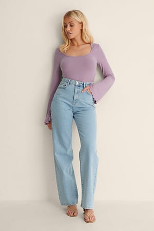 Scoop Neck Trumpet Sleeve Top Outfit