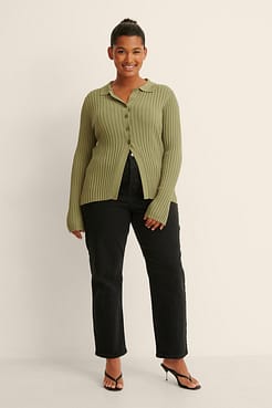 Ribbed Knitted Buttoned Long Sleeve Top Outfit