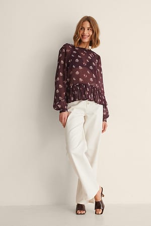 Shirred Round Neck Flounce Blouse Outfit