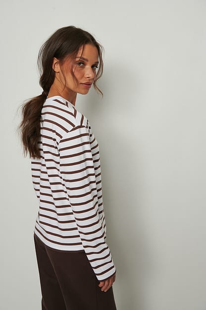 White/Brown Organic Striped Oversized Long Sleeved Top