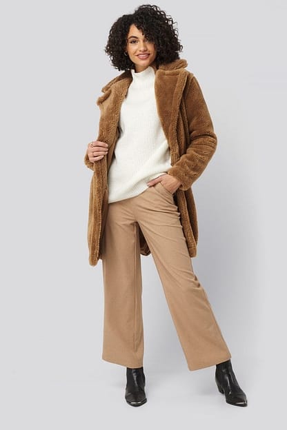 Brown Hooded Faux Fur Jacket