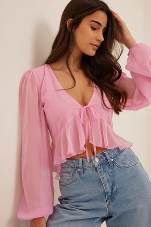 Baby Pink Tie Front Chiffon LS Blouse