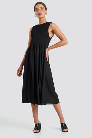 Black Guipure Shirred Midi Dress