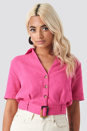 Pink Belt Detailed Linen Shirt