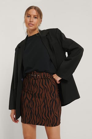 Brown Black Check Belted Mini Skirt