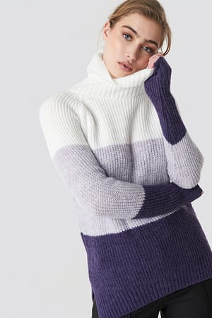 Ecru Color Blocked High Neck Sweater