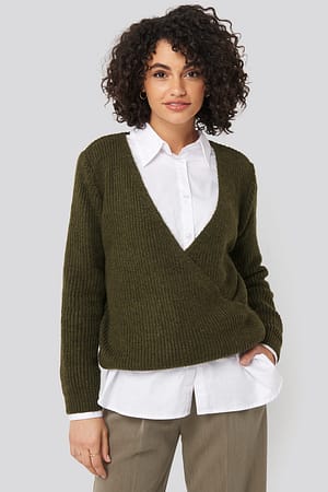 Khaki Dwurzędowy Sweter Z Dzianiny