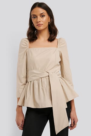 Stone Front Tied 3/4 Sleeve Blouse