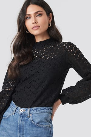 Black Lace Balloon Sleeve Knitted Blouse