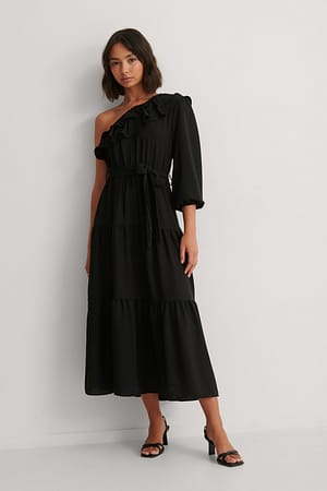 Black One Sleeve Detail Midi Dress
