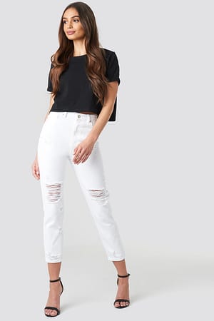 White Ripped Knees High Waist Mom Jeans