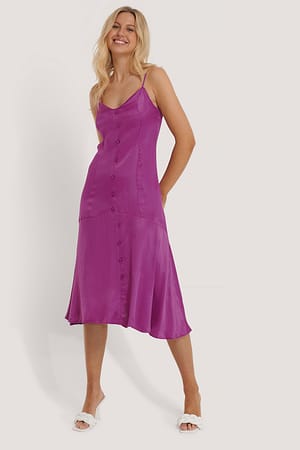 Purple Satin Button Midi Dress