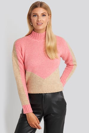 Camel Turtleneck Colorblock Sweater