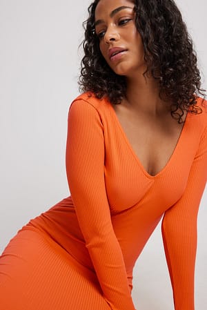 Orange V-Neck Rib Long Sleeved Midi Dress