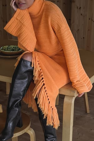 Orange Saia assimétrica de franjas com mistura de lã