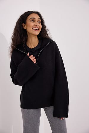 Black Knitted Zip Up Sweater