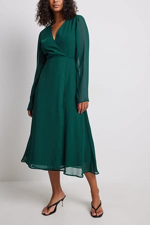 Green Wrap Long Sleeve Midi Dress
