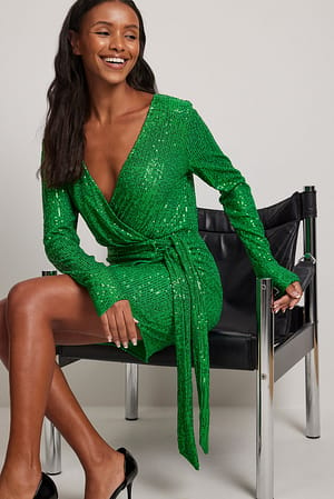 Green Wrap Sequin Mini Dress